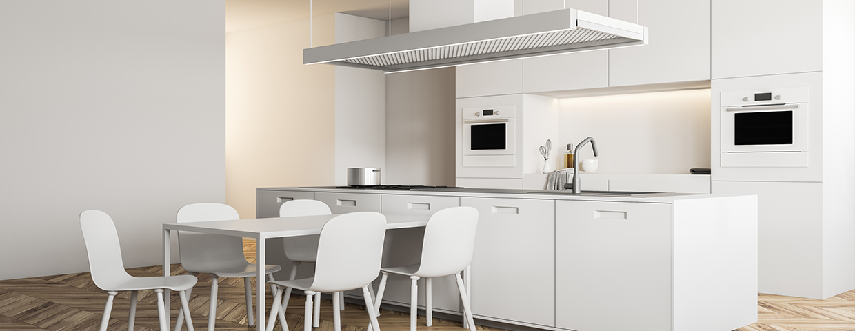 Modern,Kitchen,Inteiror,With,White,Walls,,Wooden,Floor,,White,Island